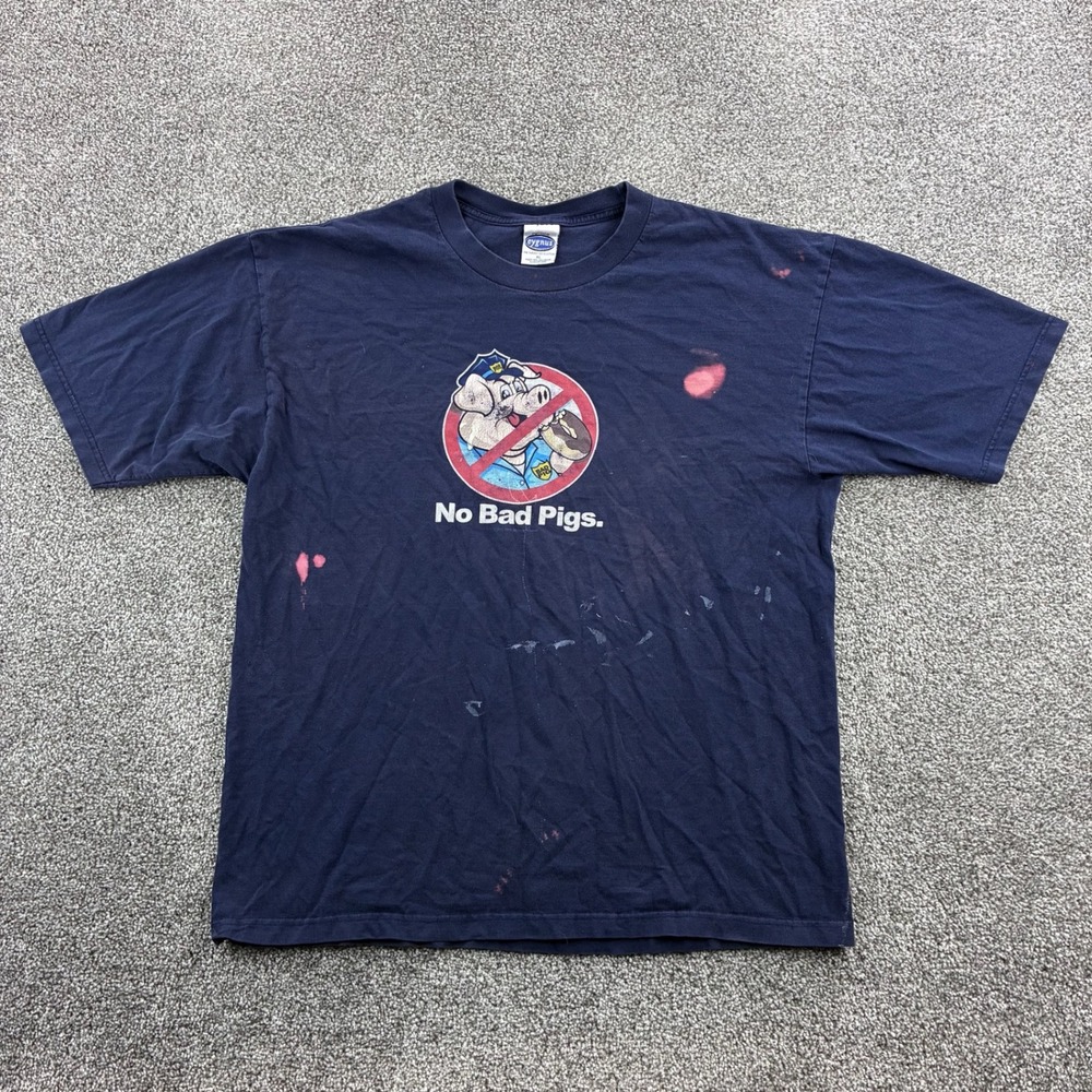 Cygnus No Bad Pigs Cop Shirt Mens XL Blue Cotton Police Donut Joke Distressed